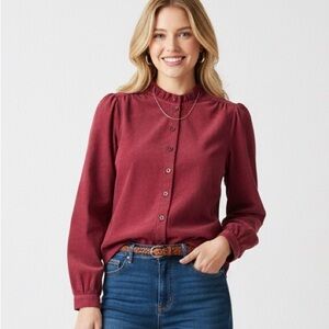 RW&CO Ruffle Neck Corduroy Blouse Long Sleeve Lightweight Button Down Size Small
